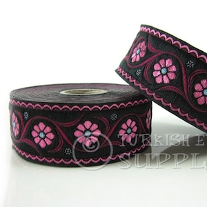 Floral Woven Border, Embroidered Ribbon, Sewing Trim, Black Fuchsia, Hot Pink, Flower Jacquard Ribbon, Ethnic Ribbon, Jacquard Trim, 1m