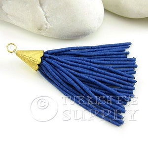 Blue Beaded Tassel, Blue Seed Beaded Tassel, Afghan Tassel Charm, Gold Tassel Pendant, Heishi Beaded Tassel, Earring Tassels