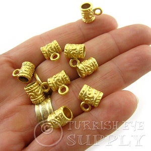 Tribal Gold Pendant Bails, Gold Cord Bails, Bohemian Jewelry Bail, Mini Charm Holder, Tube Bead Bail, 4pc image 2