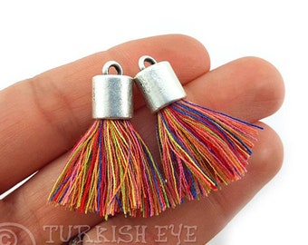 Multicolor Tassels, Mini Cotton Tassel, Antique Silver Plated Cap,  Bracelet Tassels, Earring Tassel, Silver Necklace Tassel, 2pc