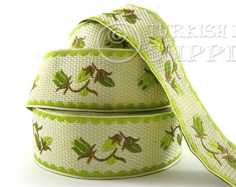 Floral Woven Border, Embroidered Ribbon, Sewing Trim, Cream Green Brown, Tulip Jacquard Ribbon, Ethnic Ribbon, Jacquard Trim, 1 Meter