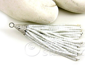 White Beaded Tassel, White Seed Beaded Tassel, Afghan Tassel Charm, Silver Tassel Pendant, Heishi Beaded Tassel, Earring Tassels