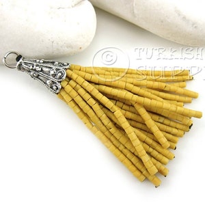 Yellow Beaded Tassel, Yellow Seed Beaded Tassel, Afghan Tassel Charm, Silver Tassel Pendant, Heishi Beaded Tassel, Earring Tassels