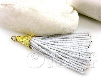 White Beaded Tassel, White Seed Beaded Tassel, Afghan Tassel Charm, Gold Tassel Pendant, Heishi Beaded Tassel, Earring Tassels