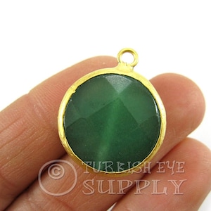 Gemstone Pendant, Green Jade Pendant, 22k Gold Plated Bezel, 21mm Round Faceted Gemstone Pendant, Necklace Pendant