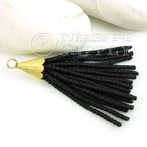 Black Beaded Tassel, Black Seed Beaded Tassel, Afghan Tassel Charm, Gold Tassel Pendant, Heishi Beaded Tassel, Earring Tassels