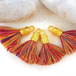 Baumwoll Quasten, Multicolor Mini Baumwoll Quaste, 22k Vergoldete Kappe, Quasten Ohrringe, Quasten Armband, Quasten Zubehör, Quasten Halskette, 4tlg