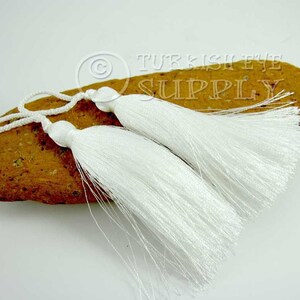 Borla de seda blanca, borla turca, borla hecha a mano, borla de hilo de seda, accesorios para pendientes con borla, borla mala (2 piezas), CC015