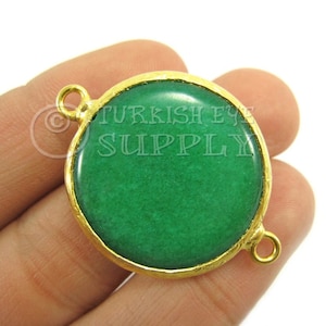 Gemstone Connector, Smooth Green Gemstone Pendant, Gemstone Bracelet Findings, Gold Bezel Connector, 26mm Round Jade Connector