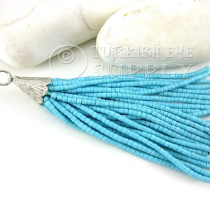 Sky Blue Beaded Tassel, Afghan Beaded Tassel, Silver Plated Cap, Tibetan Beaded Tassel, Heishi Beaded Tassel, Earring Tassel Pendant