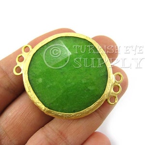 Green Gemstone Connector, Faceted Gemstone Pendant, Gold Bezel Connector, 36mm Round Jade Connector, Gemstone Findings, Multi Loop Connector