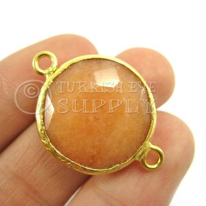 Gemstone Connector, Burnt Orange Faceted Gemstone Pendant, Gemstone Bracelet Findings, Gold Bezel Connector, 22mm Round Jade Connector