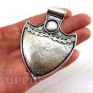 Großer Silber Schild Anhänger, Tribal Anhänger, Tribal Schmuck, großer Tribal Anhänger, Silber Speerkopf Anhänger, versilberter Schmuck