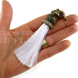 White Silk Tassel, Antique Bronze Cap, Tassel Charm, Ornate Tassel Cap, Handbag Accessories, Tassel Jewelry, Tassel Necklace, GS, 1Pc