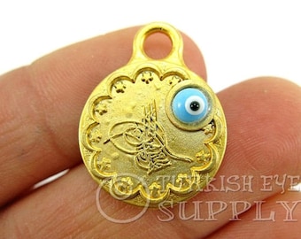 Réplica de moneda de oro otomana, moneda de oro con ojo turco de cristal azul cielo hecho a mano, moneda turca chapada en oro de 22 k, joyería turca (2 piezas)