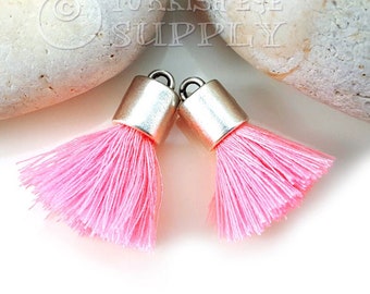 Pink Cotton Tassel, Mini Cotton Tassel, Antique Silver Plated Cap, Bracelet Tassel, Earring Tassel, Silver Tassel, Necklace Tassel, 2pc