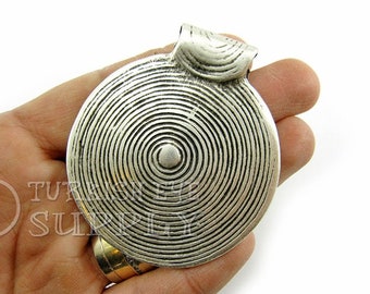 Large Silver Pendant, Round Tribal Pendant, Antique Silver Plated, Bohemian, Turkish Jewelry Supplies, Silver Medallion, Spiral Necklace