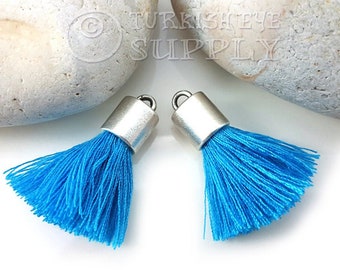 Blue Cotton Tassel, Mini Cotton Tassel, Antique Silver Plated Cap, Bracelet Tassel, Earring Tassel, Silver Tassel, Necklace Tassel, 2pc