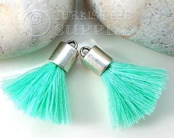 Mint Cotton Tassel, Mini Cotton Tassel, Antique Silver Plated Cap, Bracelet Tassel, Earring Tassel, Silver Tassel, Necklace Tassel, 2pc