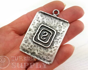 Large Silver Tribal Rectangle Pendant, Antique Silver Plated Necklace Findings, Silver Jewelry, 1Pc