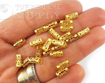 Fretworked Tube Spacers, 22k Gold Plated Spacer Beads, Fretworked Bracelet Beads, Necklace Spacer Beads, Jewelry Components, 15pc