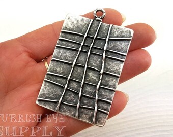 Large Silver Rectangle Pendant, Antique Silver Plated Tribal Pendant Necklace Findings, Geometric Silver Jewelry, 1Pc