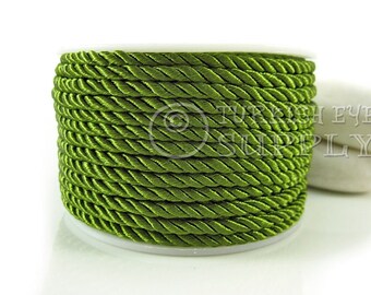 Twisted Silk Rope, Green Silk Braid Cord, 3mm Cord, 1 Meter, Rayon Satin Cord, Necklace Cord, Bracelet Cord, Jewelry Supplies
