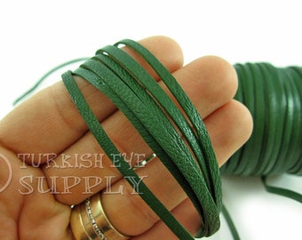 Green Leather Cord, 3mm Green Flat Leather Strip, Genuine Leather Strap, Wide Strap, Leather Lace, Leather Findings, Leather Bracelet, 1m