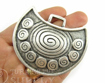 Grande ciondolo tribale in argento con motivo a spirale, grande ciondolo per collana, placcato argento antico, gioielli etnici, 1 pezzo