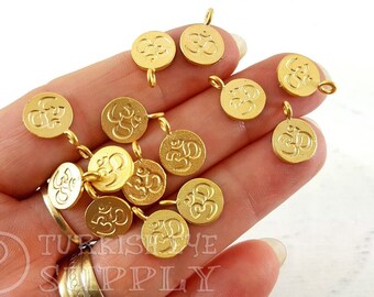 Gold Om Charms, Mini Om Coin Charms, Om Bracelet Charms, 22K Gold Plated, Rustic Tibetan Jewelry, Yoga Jewelry, Bali Style Om Charms, 5pc