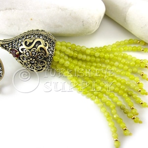 Yellow Beaded Tassel, Gemstone Tassel Pendant, Yellow Gemstone Tassel, Antique Bronze Ornate Pave Tassel Cap, Turkish Tassel Pendant