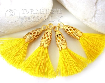 Yellow Tassel, Mini Cotton Tassel, Gold Cap Tassel Jewelry, Tassel Charm, Tassel Earring, Tassel Findings, Tassel Necklace, 4 pc