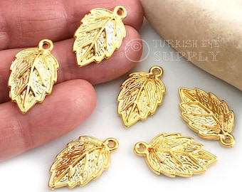Gold Leaf Charm, Gold Leaf Pendant, Mini Gold Leaf Findings, Rustic Jewelry, 4pc