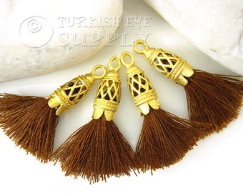 Mini Brown Tassel, Cotton Tassel, Gold Tassel Cap, Tassel Jewelry, Gold Tassel Charm, Tassel Earrings, Tassel Findings, Tassel Necklace, 4pc