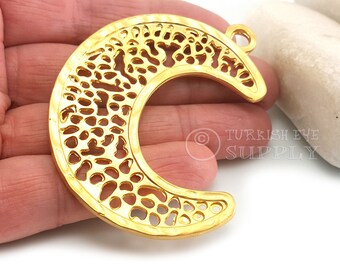 Large Gold Crescent Pendant, Large Crescent Charm, Fretwork Crescent Pendant, Tribal Jewelry, Gold Jewelry Findings, Gold Components, 1pc