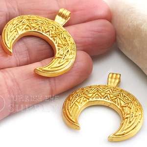 Tribal Gold Crescent Pendant, Gold Horn Pendant, Gold Crescent Moon Charm, Ethnic Jewelry, Turkish Jewelry, 1 Pc