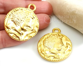 Gold Greek Coin Pendant, Large Greek Coin Charm, Gold Medallion Necklace Pendant, Coin Jewelry, Ancient Coin Charm, Gold Jewelry