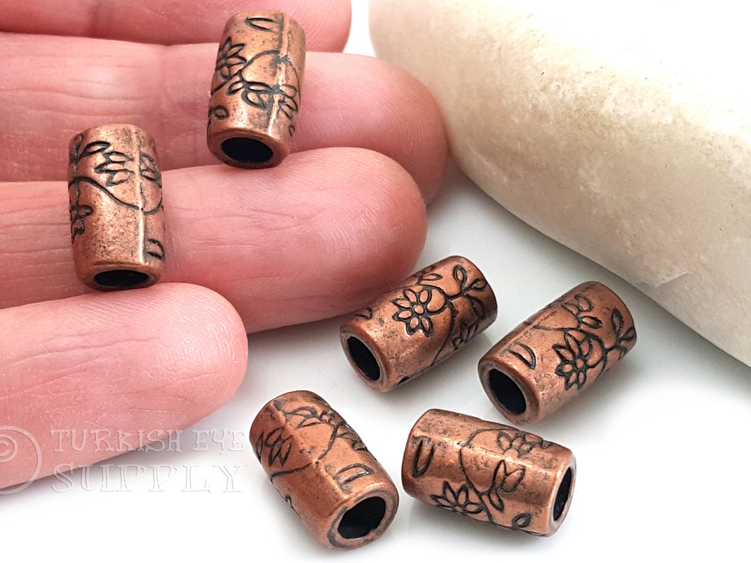 Large Copper Beads, Flower Textured Tube Spacer, Copper Plated Spacer
