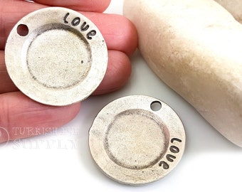 Silver Love Charms, Round Disc LOVE Stamped Charm, Silver Disc Love Heart Charms, Silver Love Pendant, Silver Plated Findings, 2Pc