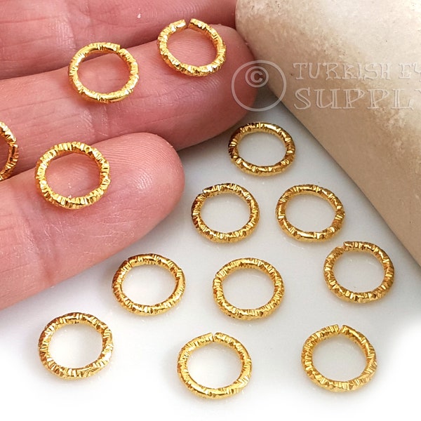 10mm Gold Jump Rings, Open Jump Rings, Gold Jump Rings, Round Hoop Connectors, 22k Gold Plated Jewelry Findings, Textured Jump Rings, 25 pc