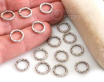 10mm Silver Open Jump Rings, Silver Jump Rings, Round Hoop Connectors, Antique Silver Jewelry Findings, Textured Jump Rings, 25 pc