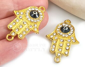 Pave Hamsa Charm, Gold Hamsa Pendant With Enamel Evil Eye, Hamsa Connector, Hand Of Fatima Pendant, 1Pc