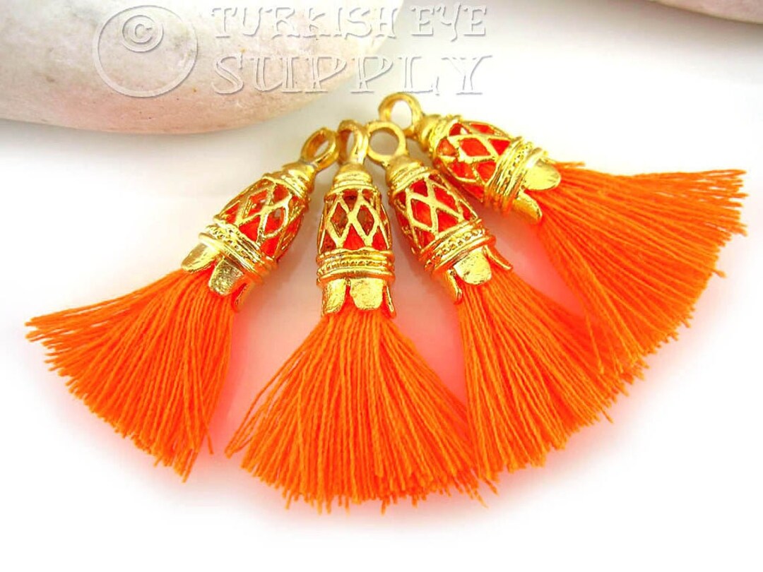 Mini Cotton Tassel, Neon Orange Tassel, Gold Tassel Cap, Tassel Jewelry, Tassel Charm, Tassel
