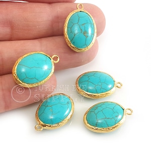 Turquoise Oval Charm, 22k Gold Plated Hammered Bezel Turquoise Pendant, Turquoise Jewelry Findings, 1Pc
