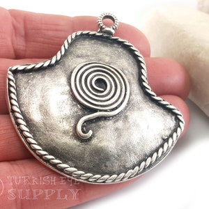 Large Tribal Hammered Pendant, Silver Tribal Swirl Pendant, Turkish Jewelry Supplies,  Bohemian Jewelry
