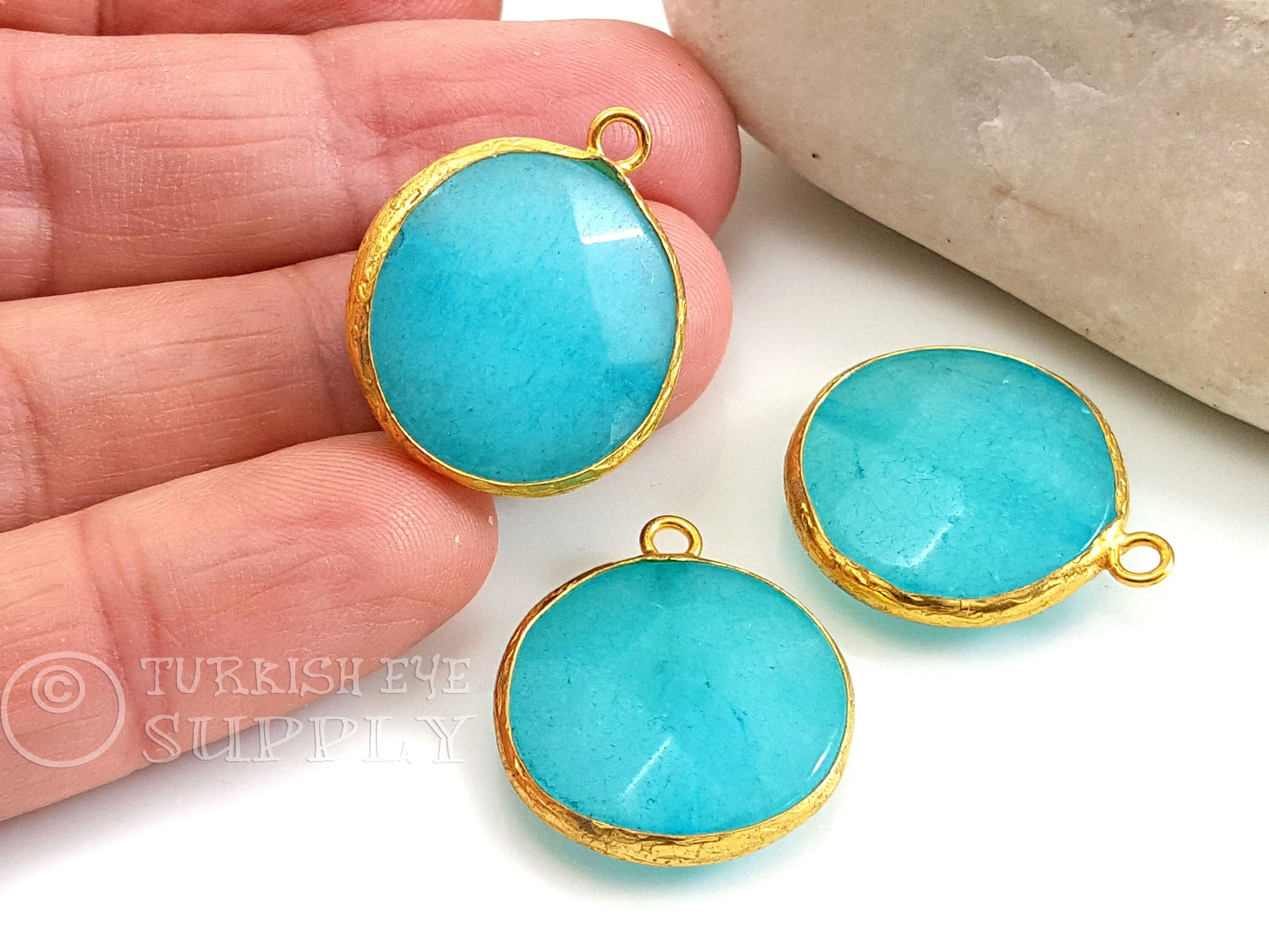 Aquamarine Blue Jade Pendant, 22k Gold Plated Handmade Hammered Bezel, 22mm  Round Gemstone Pendant, Birthstone Gemstone Necklace Findings 