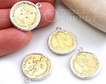 Dije de moneda griega antigua chapado en oro, colgante de moneda con medallón romano de plata, 1 pieza