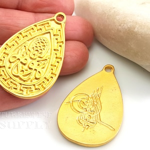 Large Gold Teardrop Turkish Medallion Pendant, Ottoman Sultan Signature Stamped, Arabic Calligraphy Pendant, Turkish Jewelry, 1Pc