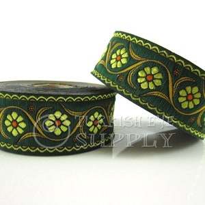 Floral Woven Border, Embroidered Ribbon, Sewing Trim Green, Metallic Yellow, Flower Jacquard Ribbon, Ethnic Ribbon, Jacquard Trim, 1m