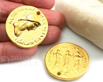 Gold Greek Coin Pendant, Ancient Greek Coin, Large Gold Medallion Pendant, Gold Roman Coin Charm, Medallion Jewelry, Coin Jewelry